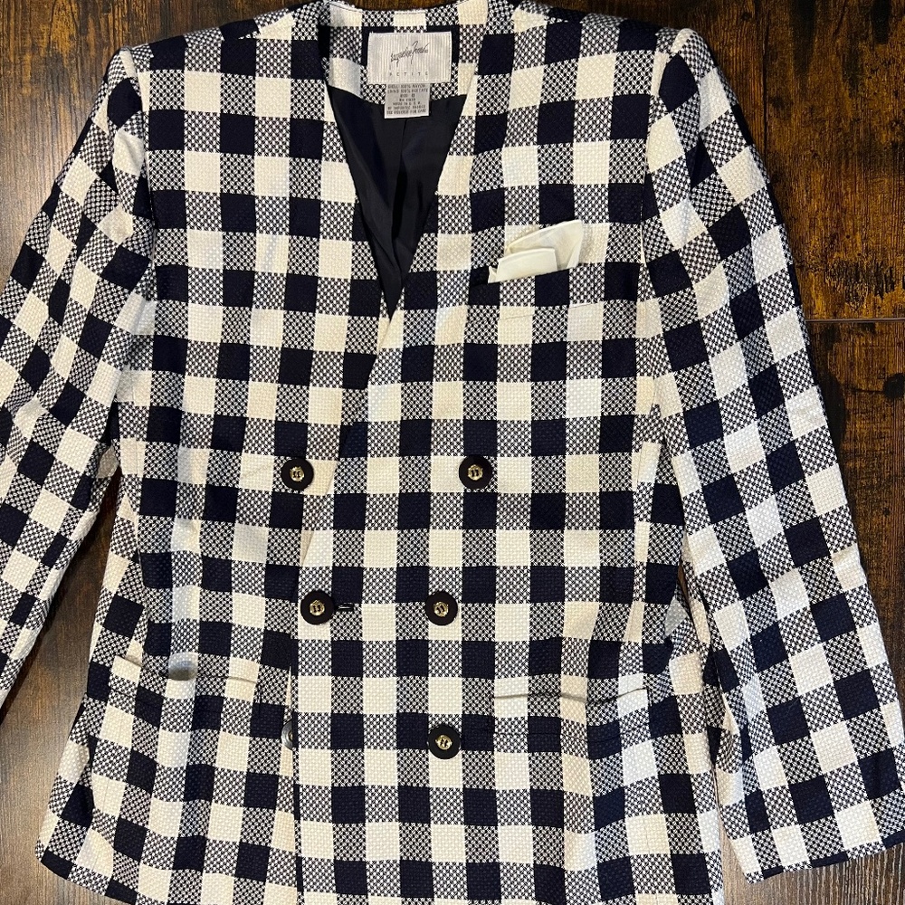 Vintage Jacqueline Ferrar Navy and White Plaid Double Breasted Blazer